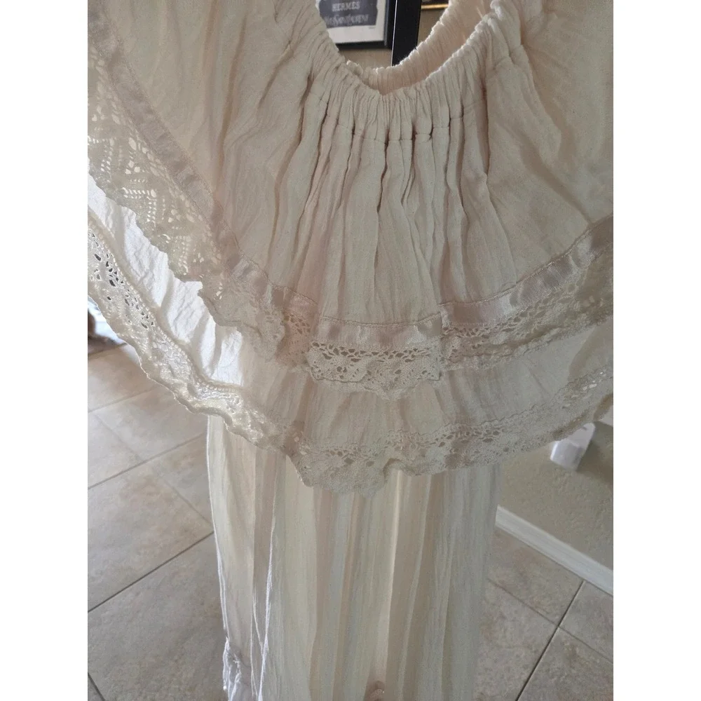 Vintage Mexican Off Shoulder Cotton Gauze Maxi Dress Ivory Lace Boho Plus Size - Picture 6 of 7